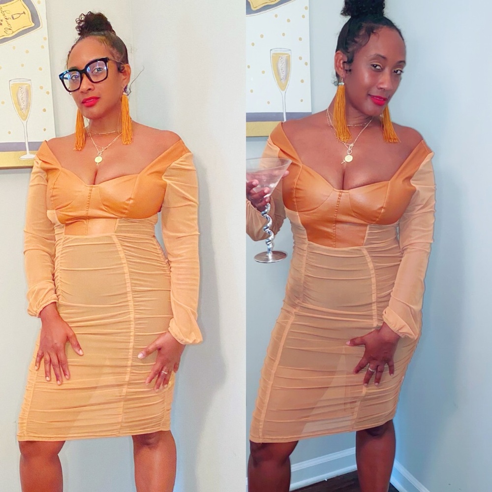 Elegant Tan Off-Shoulder Dress